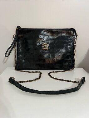 Pratesi Firenze Black Croc-Embossed Crossbody Bag with Gold Crest